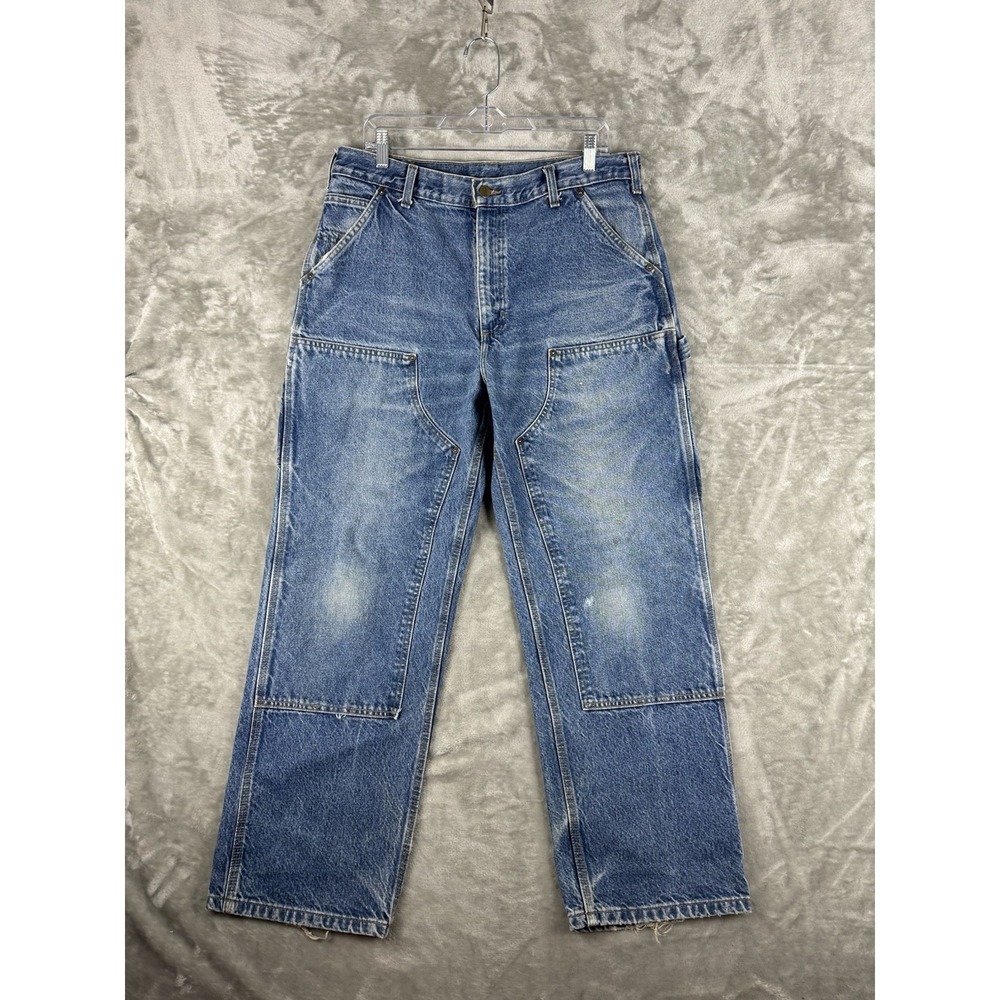Carhartt B73 DST Double Knees Dungaree Blue Denim Jeans Mens 36x30 (fits 34x29)